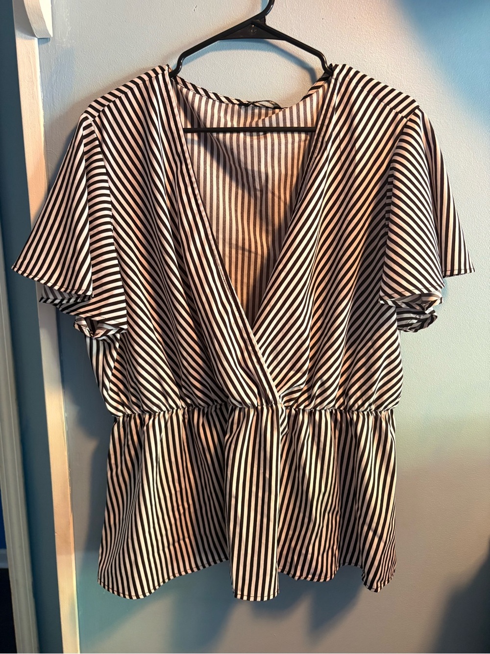 SHEIN Black & White Striped V-Neck Peplum Top